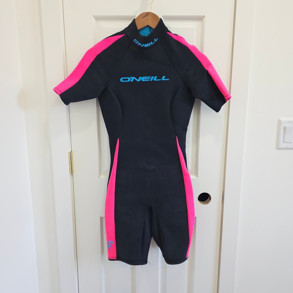 ONeill Vintage Womens W8 NS Shorty Wetsuit Black Neon Pink Teal Made in USA 7430